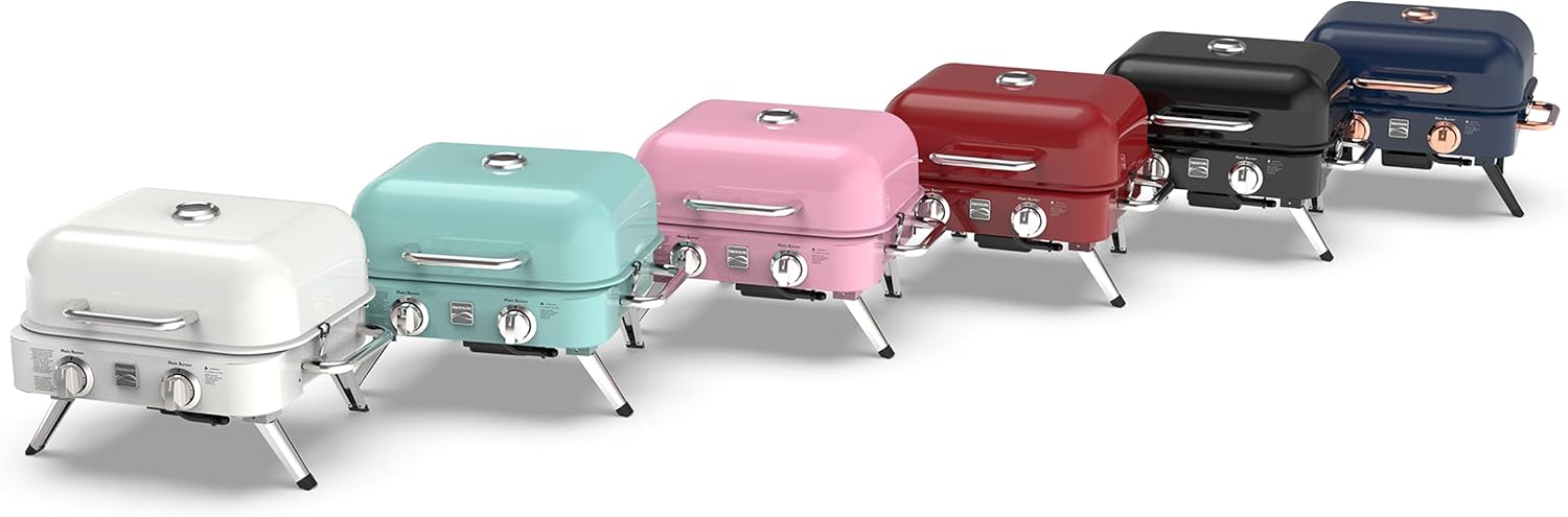 Kenmore Portable Propane Gas Grill - Tabletop BBQ Grill with Warming Rack, 2 Stainless Steel Burners with 14,000 BTUs, for Outdoor Kitchen, Camping, Pearl