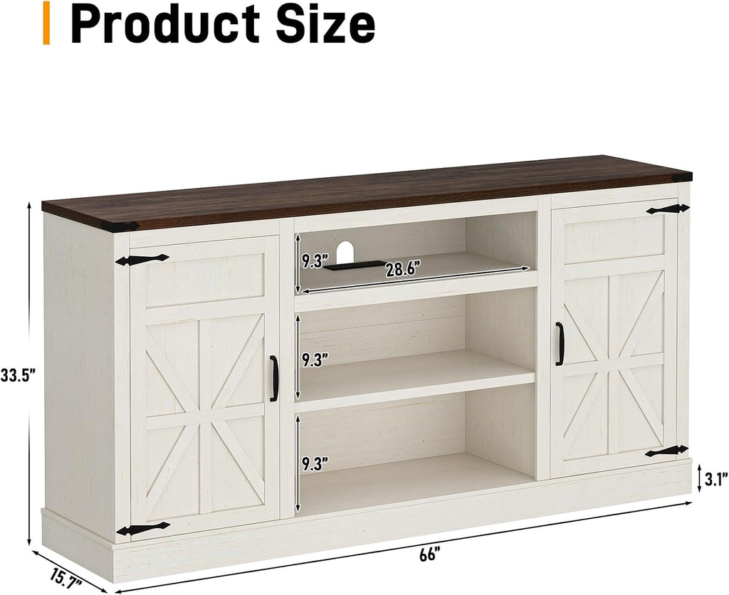 Hlivelood 66' Farmhouse TV Stand with Power Outlets for 75 Inch TVs, 33' Tall Entertainment Center with Storage Cabinets w/Adjustable Shelves, Rustic Large TV Media Console, Rustic White