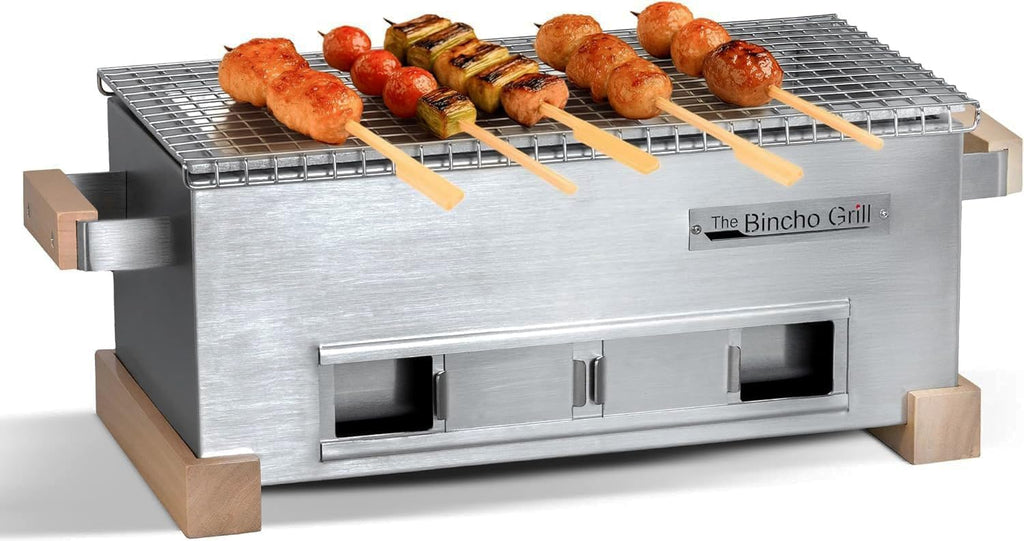 The Bincho Grill 16' Mini Yakitori Grill – Stainless Steel Mini Tabletop Charcoal BBQ with Charcoal Box, Optimized Airflow & Cool-Touch Base - Perfect for Japanese Grilling, Skewers, Meat, Seafood