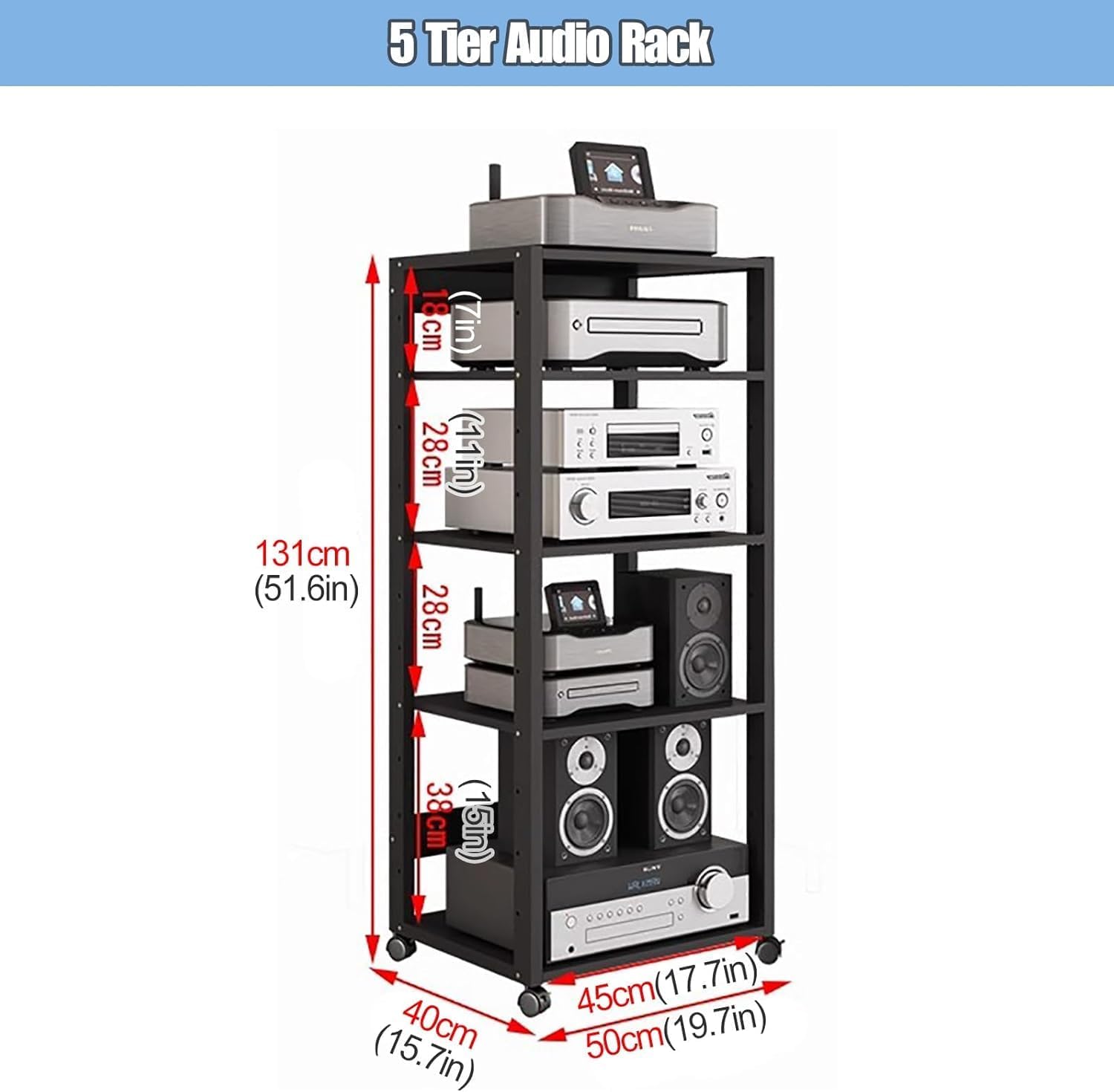 Modern Tall HiFi Racks Audio/Video Component Cabinet, 3/4/5/6/7 Tier Audio Component Rack Tower Media Stereo Stand Equipment Shelves with Wheels, for Home/Office(5 tier-131cm(51.6in))