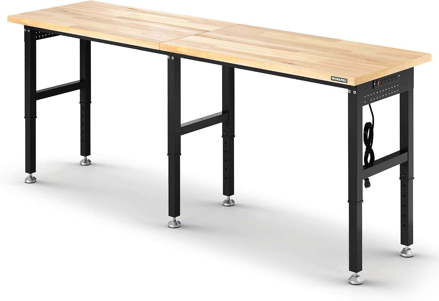 WORKPRO 96x24' Heavy-Duty Adjustable Workbench, 4000LBS Load Capacity Work Table with Power Outlet & Pegboard, Rubber Wood Top Workstation with Leveling Foot for Garage, Workshop