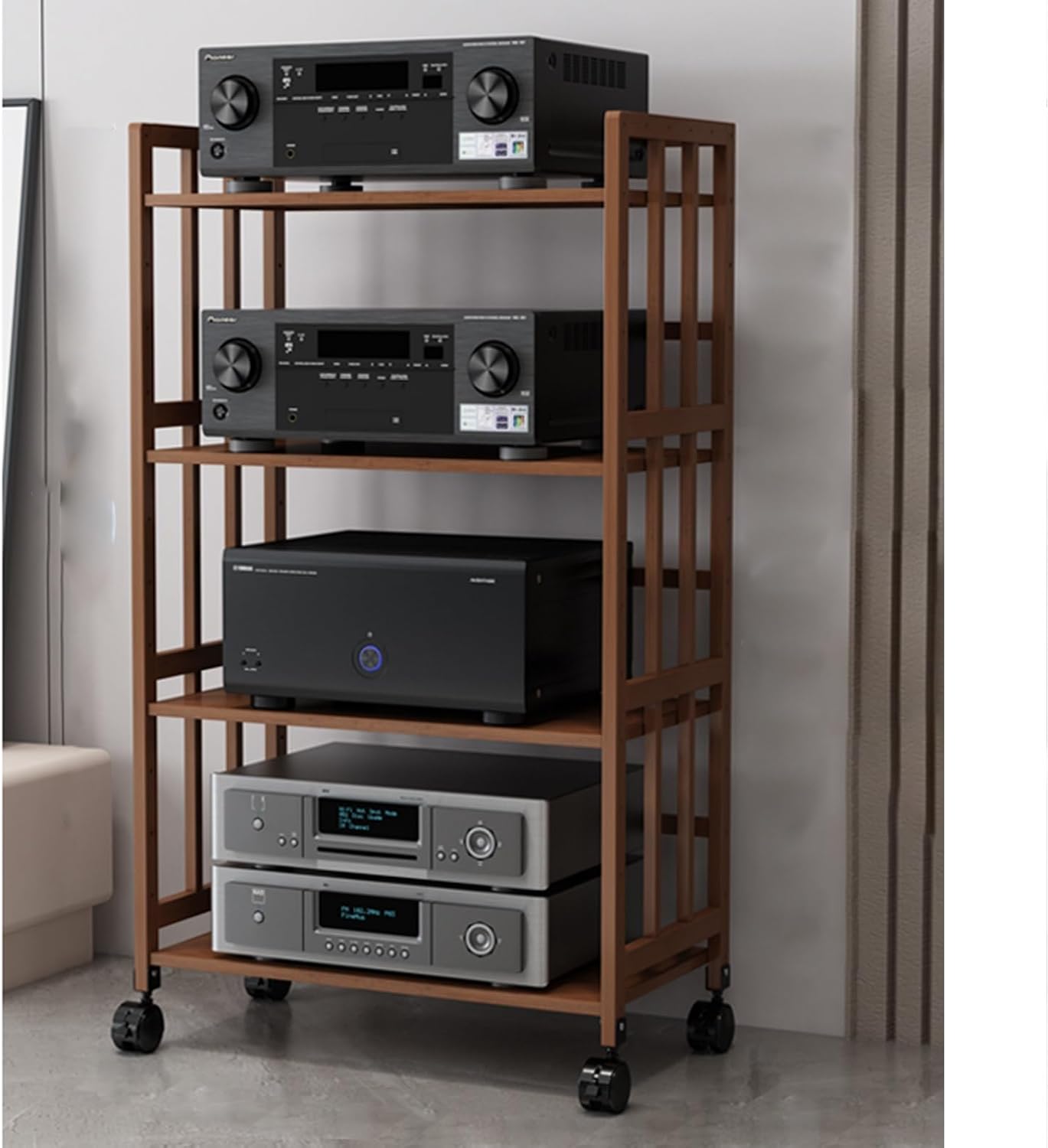 Media Storage Cabinet 4-Tier AV Media Stand Corner Shelf Video Component Cabinet AV Receiver Audio Component Stand Record Player Receiver Electronics Equipment for Living Room Gaming Room Music Studio