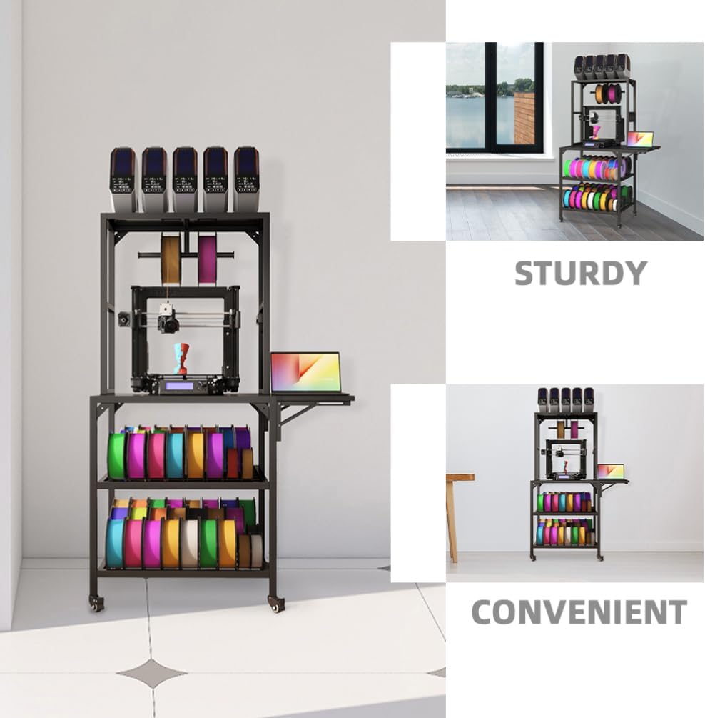 3D Printer Stand, Heavy Duty 3D Printer Table Stand with Double Layer Storage Rack, T-Shaped Spools Holder Rack with Wheels for Printing Studio, Home Office Workshop