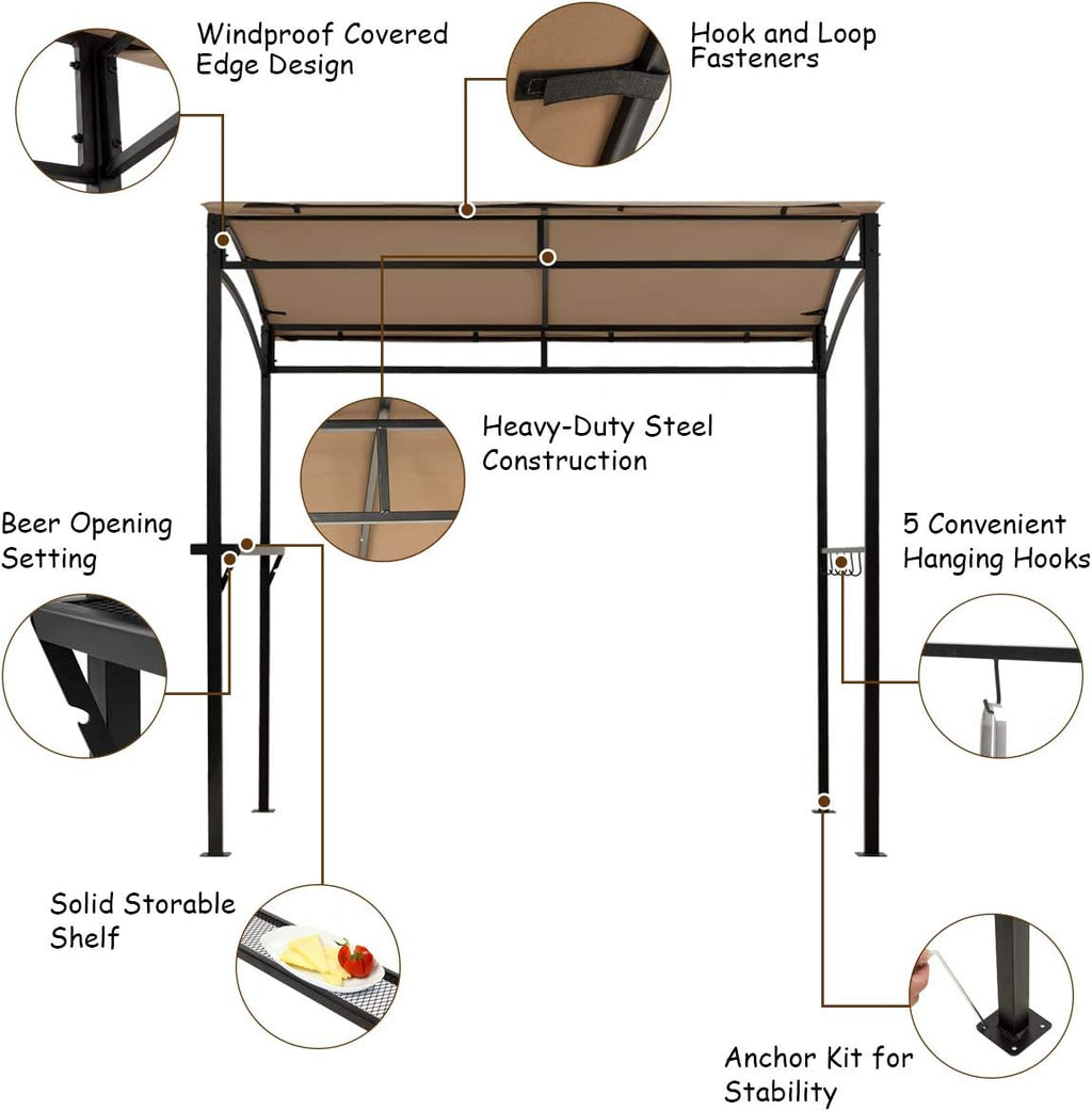 Giantex 7x4.4ft Grill Gazebo, Patio Outdoor Backyard BBQ Canopy Shelter, Soft Top, Heavy-Duty Steel Construction, Storage Shelf, Hanging Hooks, Bear Opening Setting, Anchor Kit (Brown)
