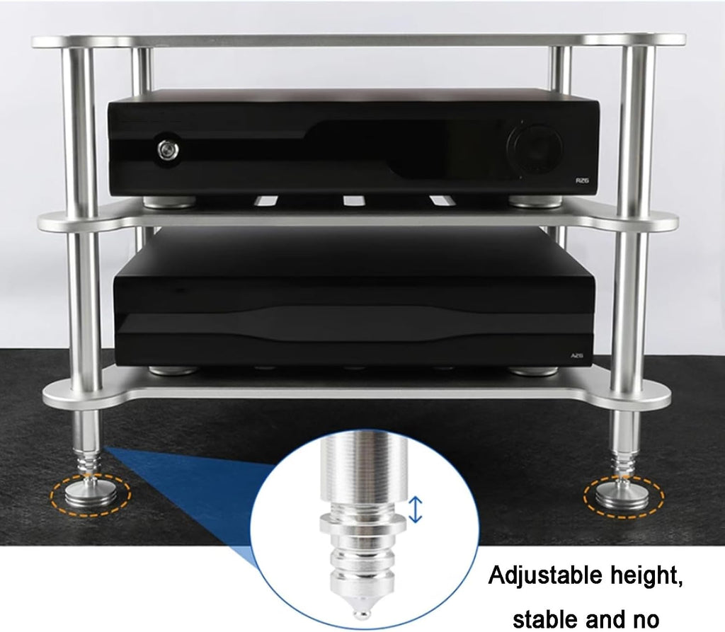 3-Tier Media Stand, Rack Audio Tower, Aluminum Alloy Storage Cabinet, with Shock-Absorbing Foot Spikes, for HiFi Audio Equipment, Amplifier, 430x340x320mm, Silver