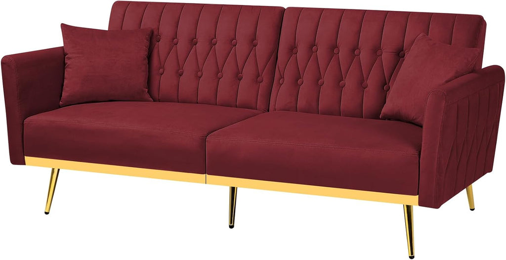 70' Velvet Futon Sofa Bed with 2 Pillows and Adjustable Armrests, Convertible Sleeper Bed W/Adjustable Backrests, Modern Loveseat for Living Room, Bedroom, Red