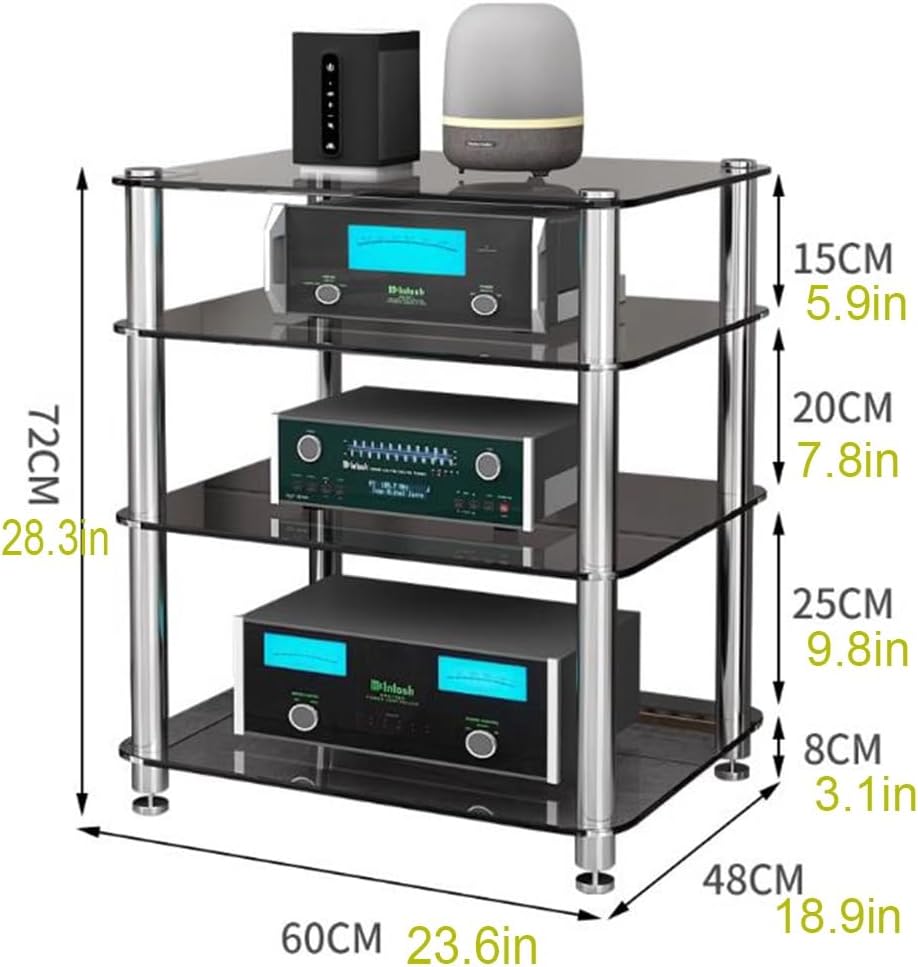 4 Tier HiFi Rack Tempered Glass Media Stand AV Component Cabinet Stereo Rack with Open Storage Shelves Stylish Home Entertainment Center (72cm 28.3in)