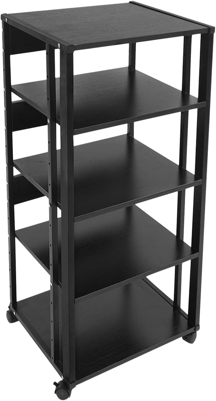 5-Tier Media Stand, Audio Rack Tower Stereo Cabinet with Wheels, CD Record Player Stand Speaker Display Rack with Adjustable Wooden Shelf for Home Theater Studio (Black)