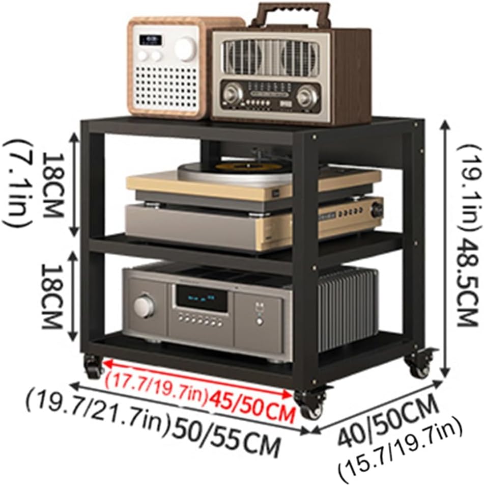 5 Tier Audio Video Media Stand with Wheels - Multifunctional Stereo Rack for Home Office, Amplifier & DVD/CD Player Storage, Open Shelf Cabinet (3 Tier - 50x40x48.5cm)