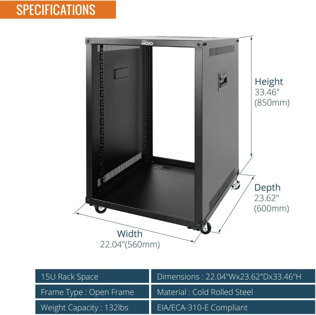 Tecmojo 15U Portable Rolling Network Rack, 4-Post Mobile Open Frame Server Rack with Wheels, Free Standing Server Cabinet for Computer/Data/AV/IT Equipment/Network Equipment