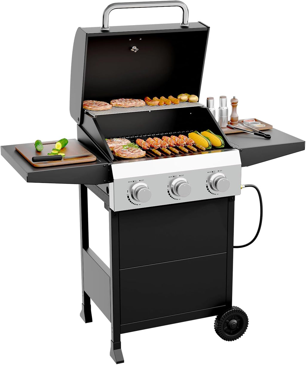 ROVSUN 3 Burner Propane Gas Grill with Foldable Side Shelves, 36000BTU BBQ Grills with Enameled Cast Iron Grates, Cabinet & Poratable Rolling Wheels for Outdoor Garden Patio Backyard Barbecue Cooking