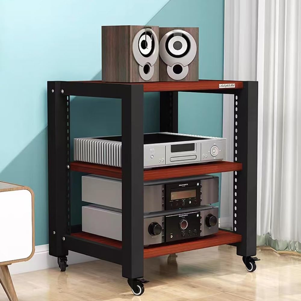 Movable HiFi Audio Rack Adjustable AV Media Components Cabine Stand with Wheels, Heavy Duty Amplifier Storage Cabinet Stereo Shelf Organizer(Teak,3-Tier)
