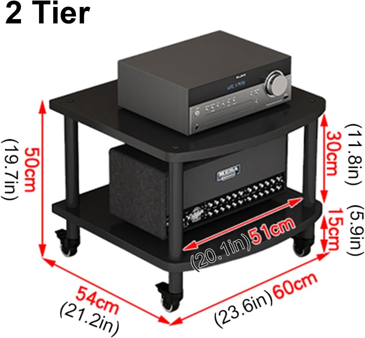 2/3/4/5-Tier Movable AV Media Stand with Wheels, Audio Rack Tower, TV Game Console Equipment Shelf, CD Record Player Stereo Component Cabinet for Home/Office/Theater(Walnut,2 Tier)