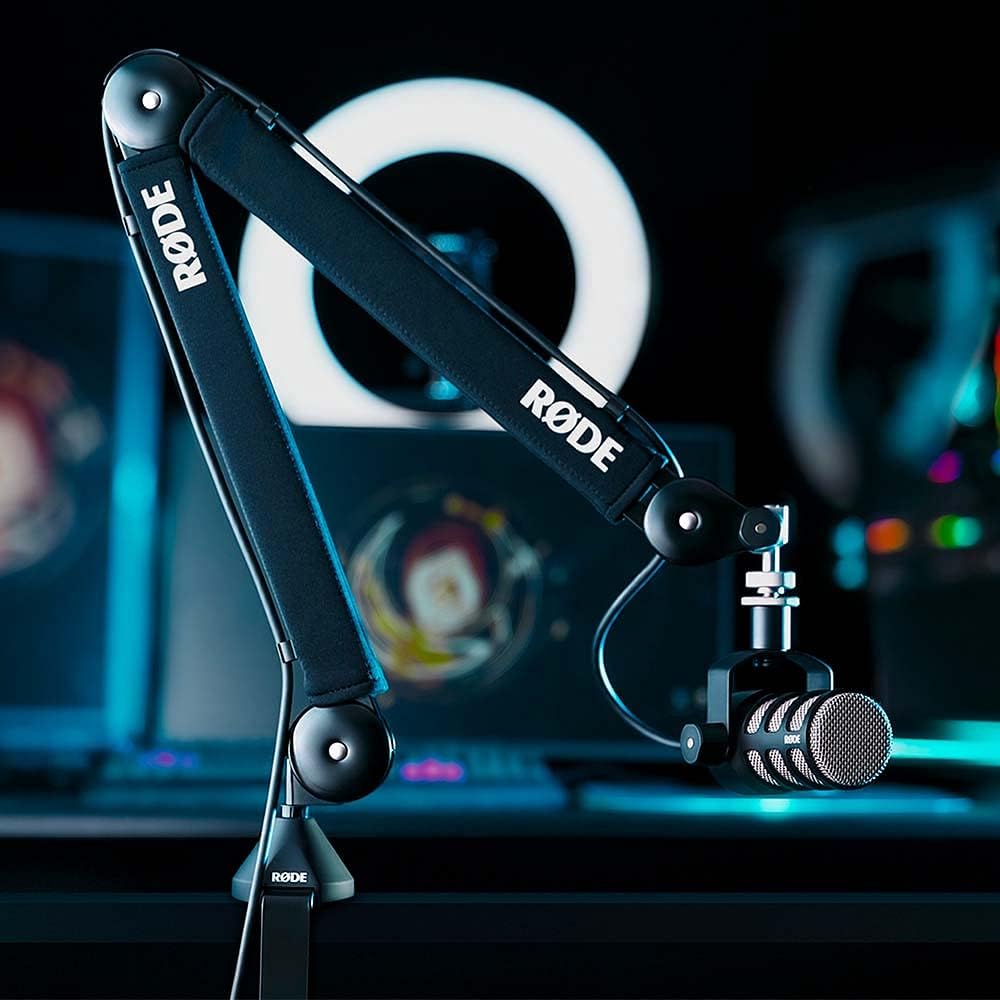Rode PodMic Dynamic Podcast Microphone with Rode PSA1+ Boom Arm, TH-02 Podcast Headphones, XLR Cable and StreamEye Polishing Cloth