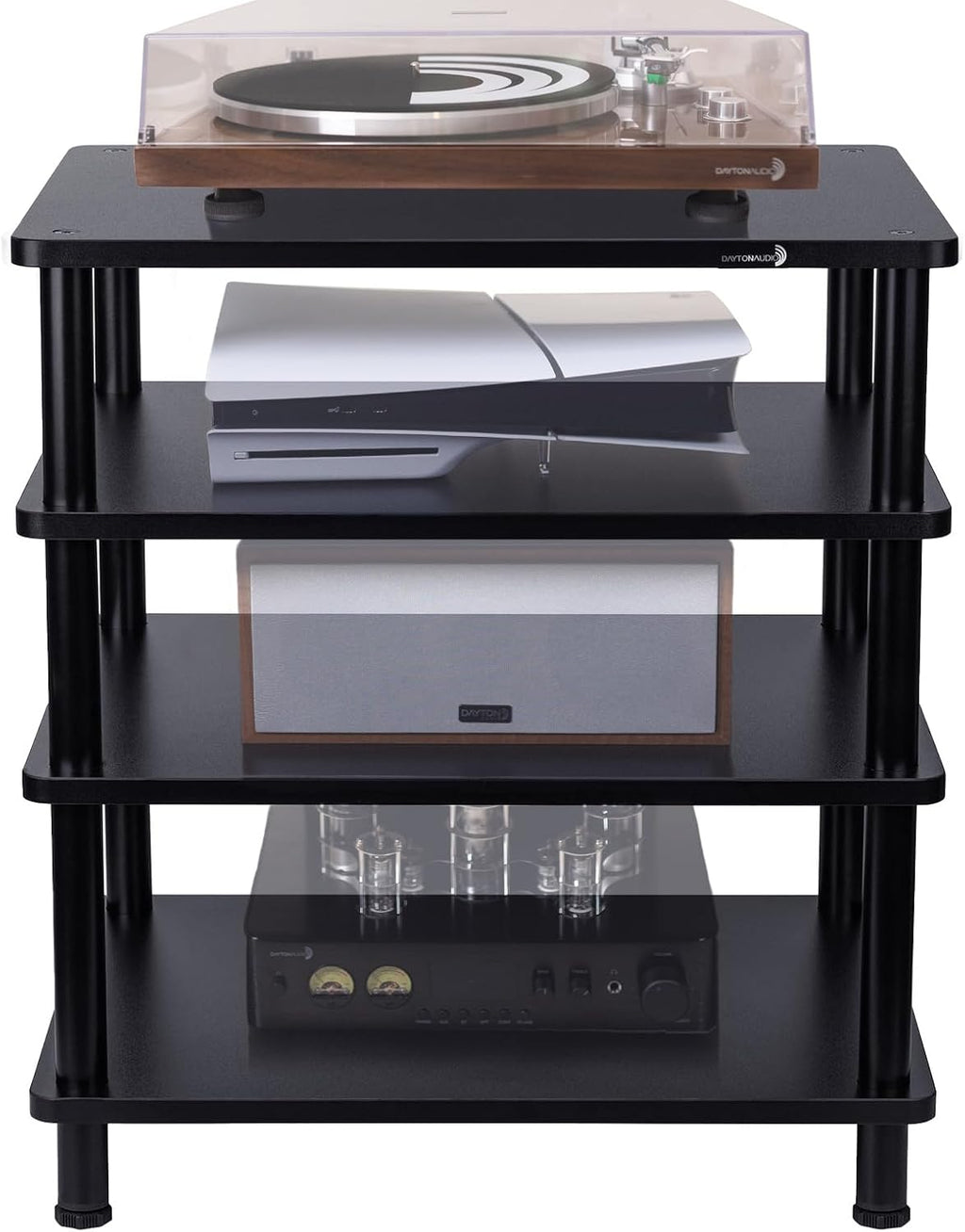 Dayton Audio 4-Tier AV Media Stand – Sturdy Audio Rack Shelf for Stereo, Hi-Fi, and Home Theater Equipment – Modern Audio/Video Component Organizer