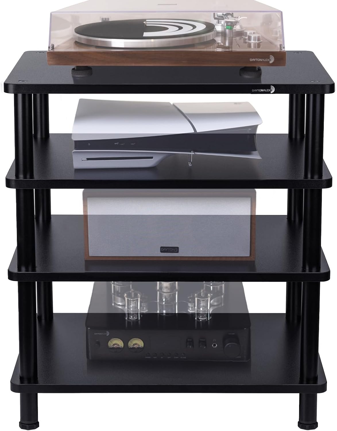 Dayton Audio 4-Tier AV Media Stand – Sturdy Audio Rack Shelf for Stereo, Hi-Fi, and Home Theater Equipment – Modern Audio/Video Component Organizer