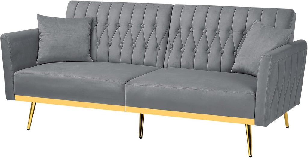 70' Velvet Futon Sofa Bed with 2 Pillows and Adjustable Armrests, Convertible Sleeper Bed W/Adjustable Backrests, Modern Loveseat for Living Room, Bedroom, Light Grey
