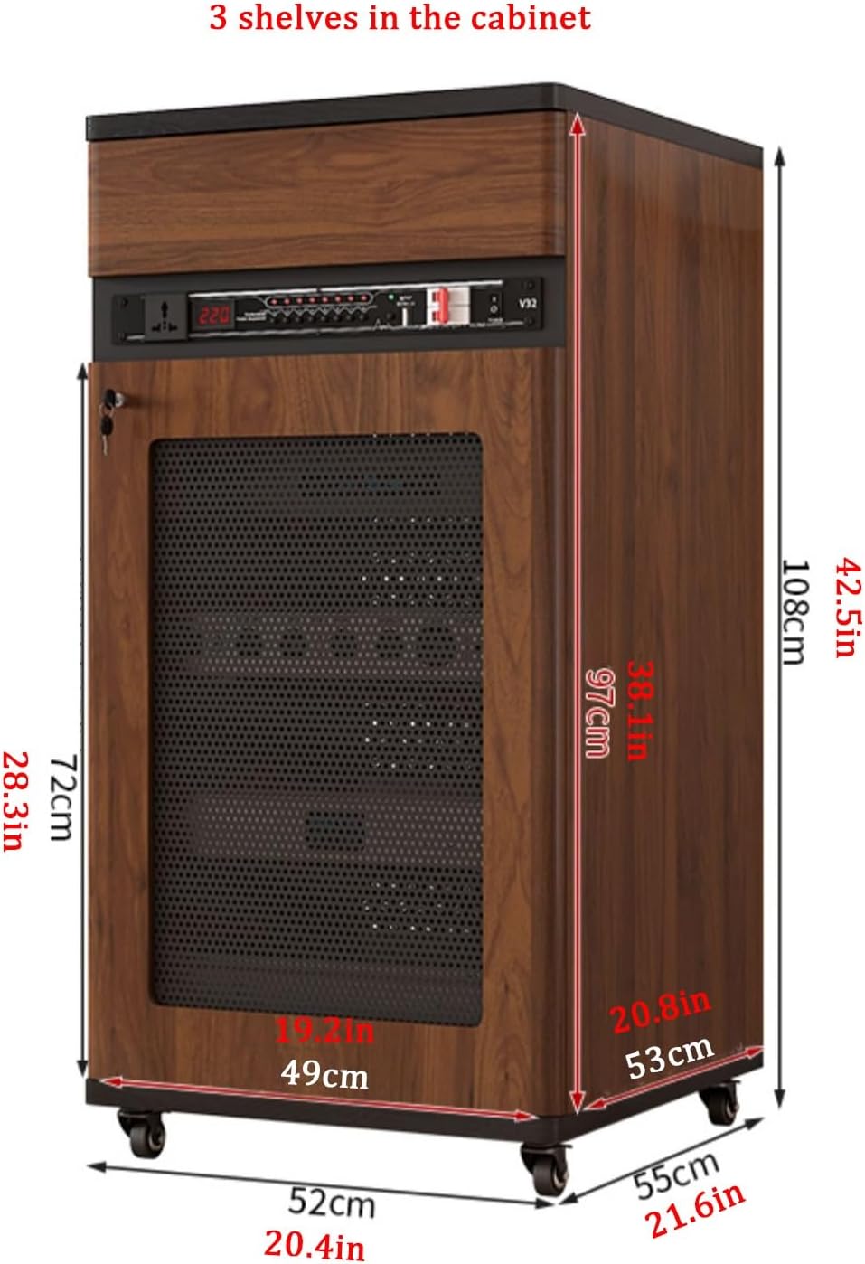 Gray Stereo Cabinet for Media Storage, Lockable Drawer & Door, AV Rack with Cable Management, Rolling Audio Stand with Adjustable Shelves (52x55x108cm) - Perfect for Home Entertainment.