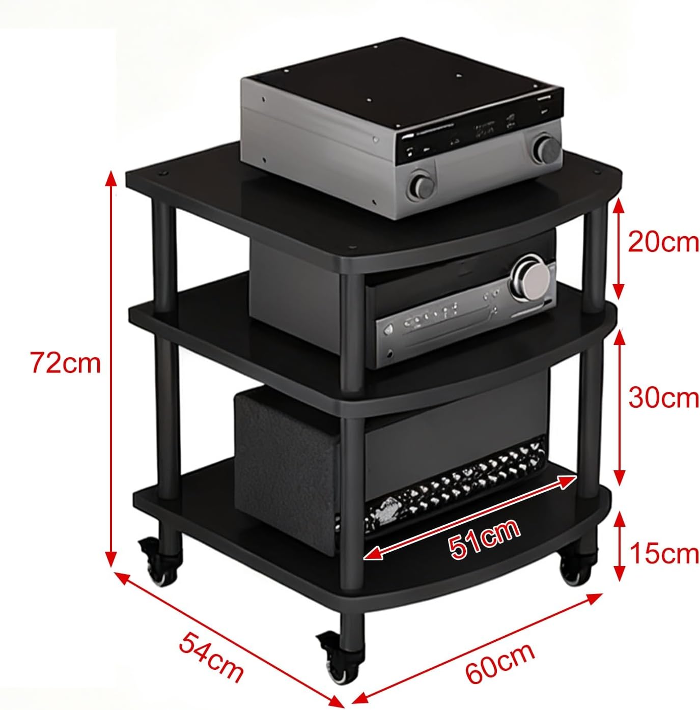 3-Tier Audio-Video Media Stand with Wheels, Home Stereo Entertainment Equipment Storage Cabinet for Meeting, Living, Recording Room(Black)