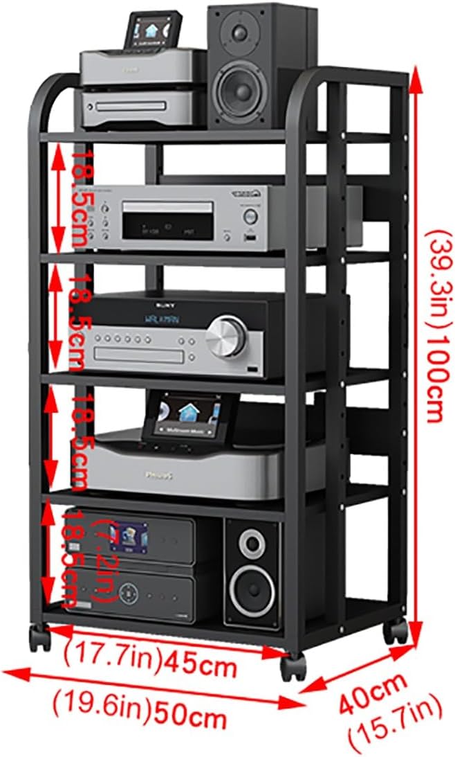 XingLi 3/4/5-Tier Audio Equipment Rolling Cart Rack，Large Stereo Black Storage Cabinet - Office Bedroom Living Room AV Media Shelf(Size:5 Tier-H100cm)