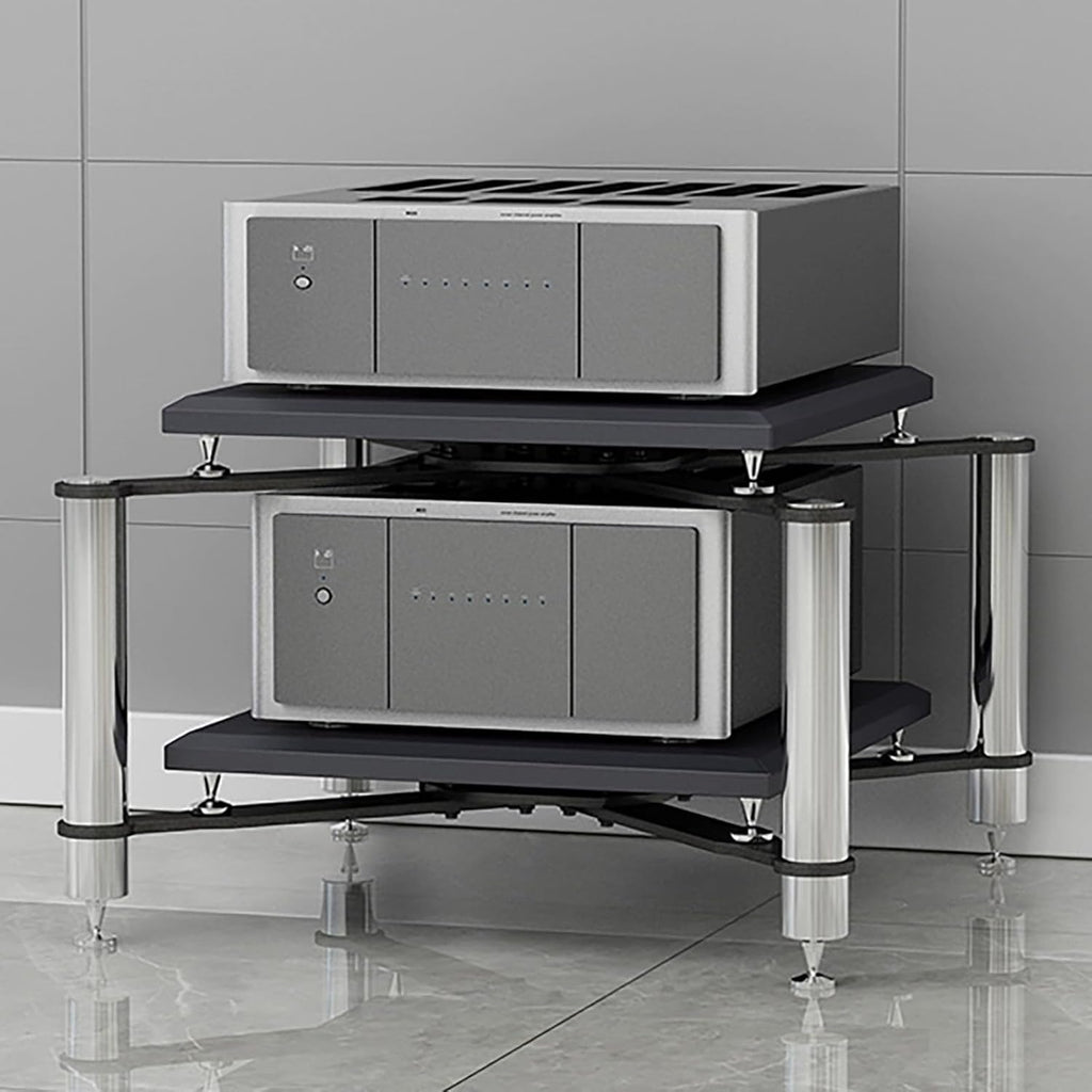 Modern Audio Video Stand, 2-Tier Media Storage Cabinet, Corner Shelf Entertainment Center, Metal Frame with Shock-Absorbing Nails, Silver Finish, 70x70x50CM