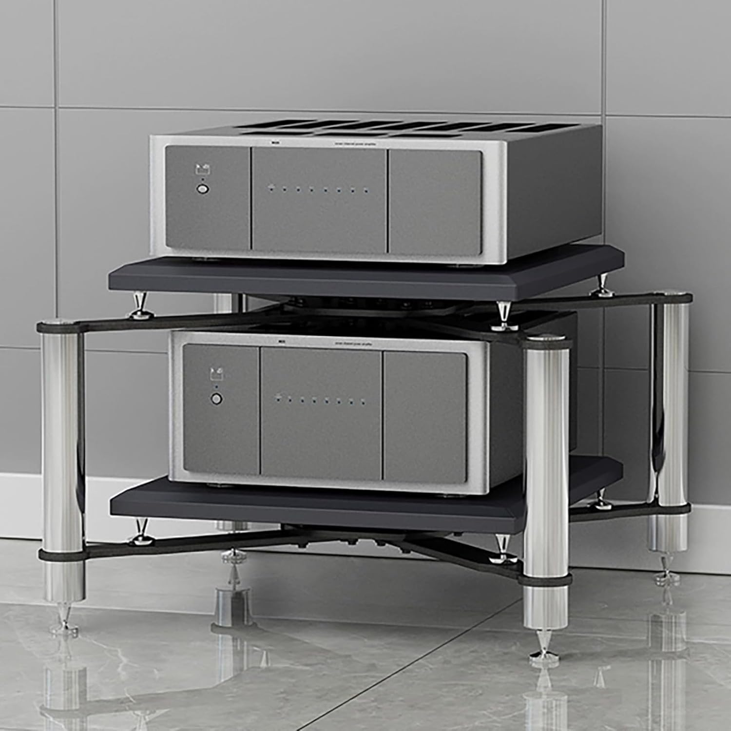 Modern Audio Video Stand, 2-Tier Media Storage Cabinet, Corner Shelf Entertainment Center, Metal Frame with Shock-Absorbing Nails, Silver Finish, 70x70x50CM