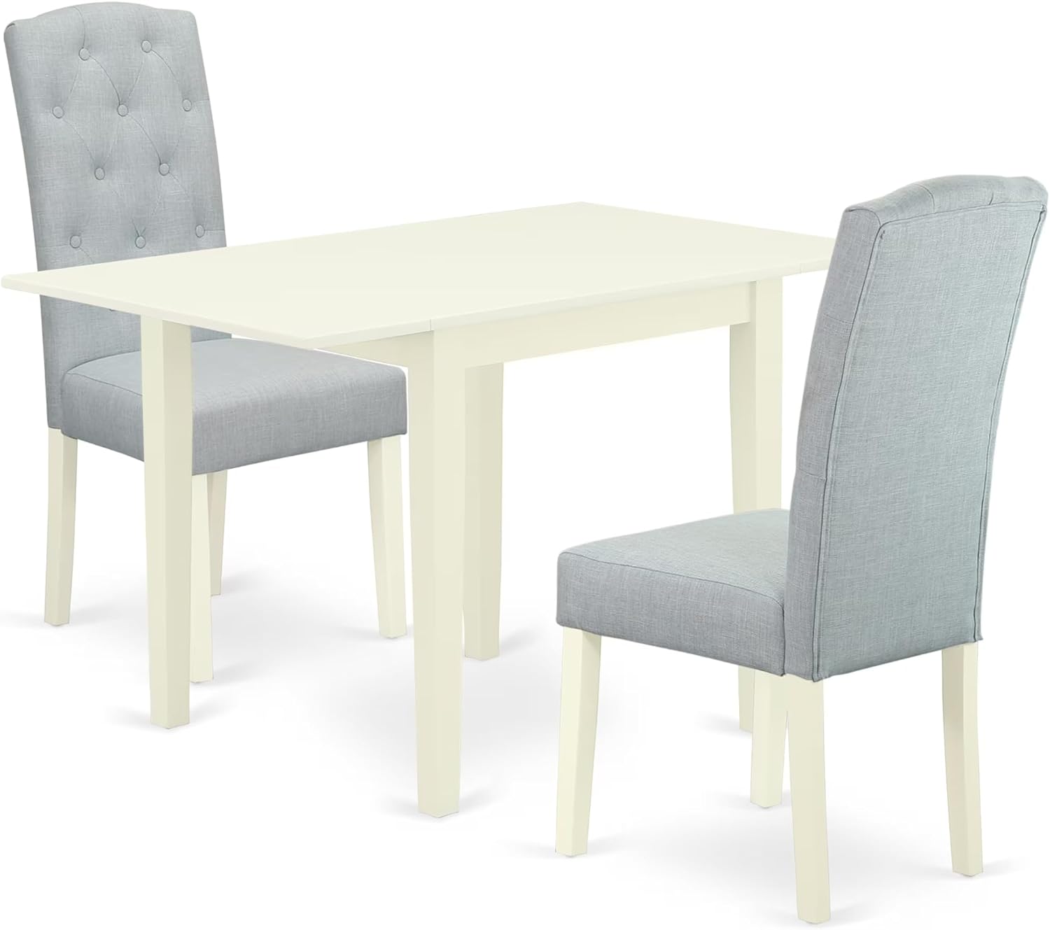 East West Furniture 1NDCE3-LWH-15 3 Piece Kitchen Table & Chairs Set Contains a Rectangle Dining Room Table with Dropleaf and 2 Baby Blue Linen Fabric Parsons Chairs, 30x48 Inch, Linen White