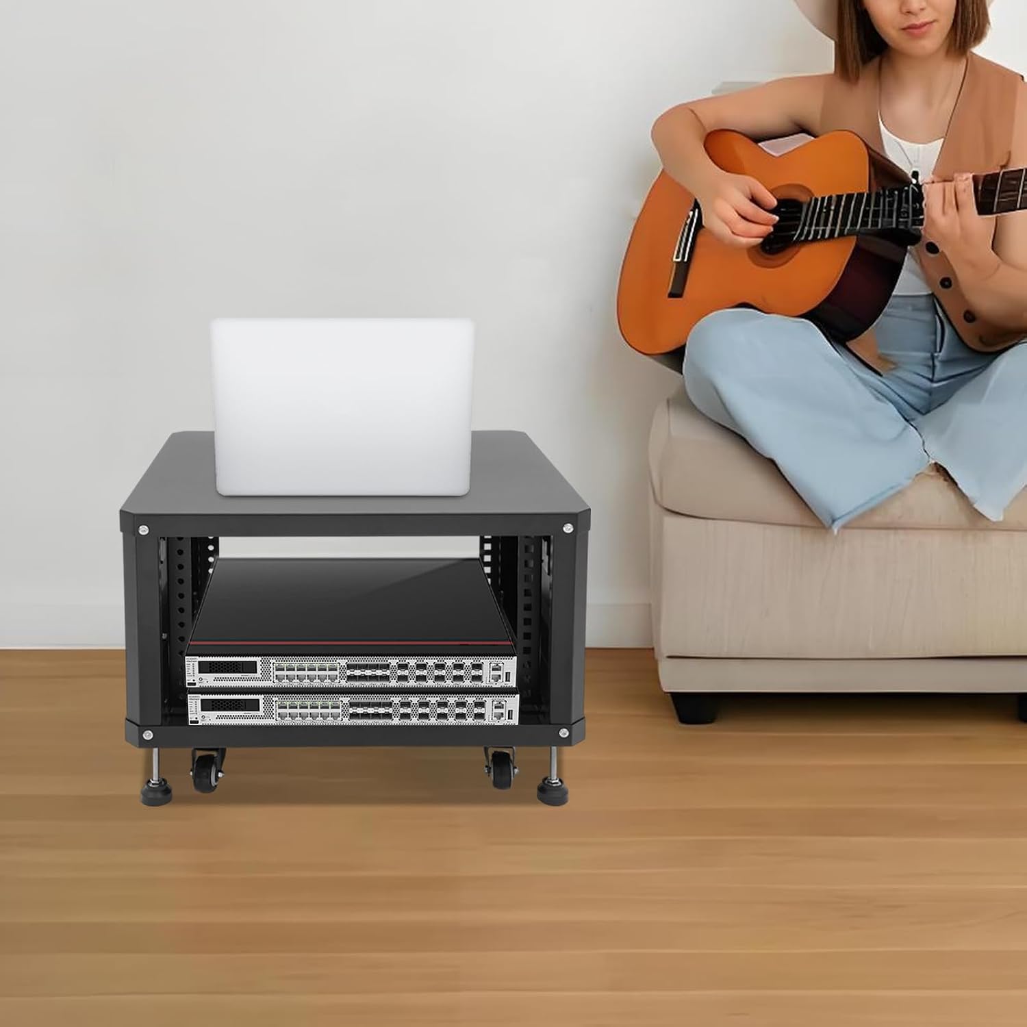 6U AV Rack with Wheels, Metal Studio Cabinet with Cable Ports, 22.4' x 19.8' x 15.1', Portable Home Studio Racks, Floor Standing Server Cabinet for Amplifiers, AV Equipment, Computers