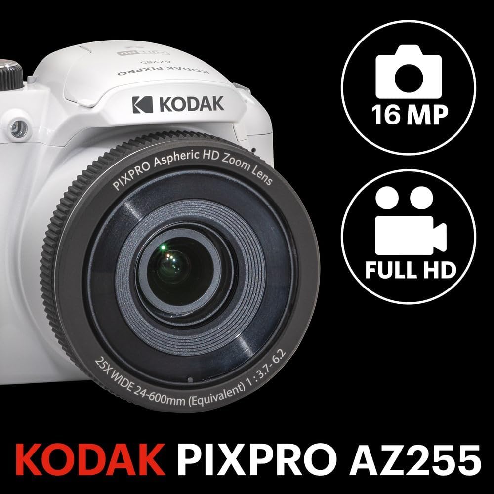Kodak PIXPRO AZ255 Digital Camera, 25x Optical Zoom Bridge with 16MP Sensor, AA Batteries, OIS, 1080p Full HD Video, White