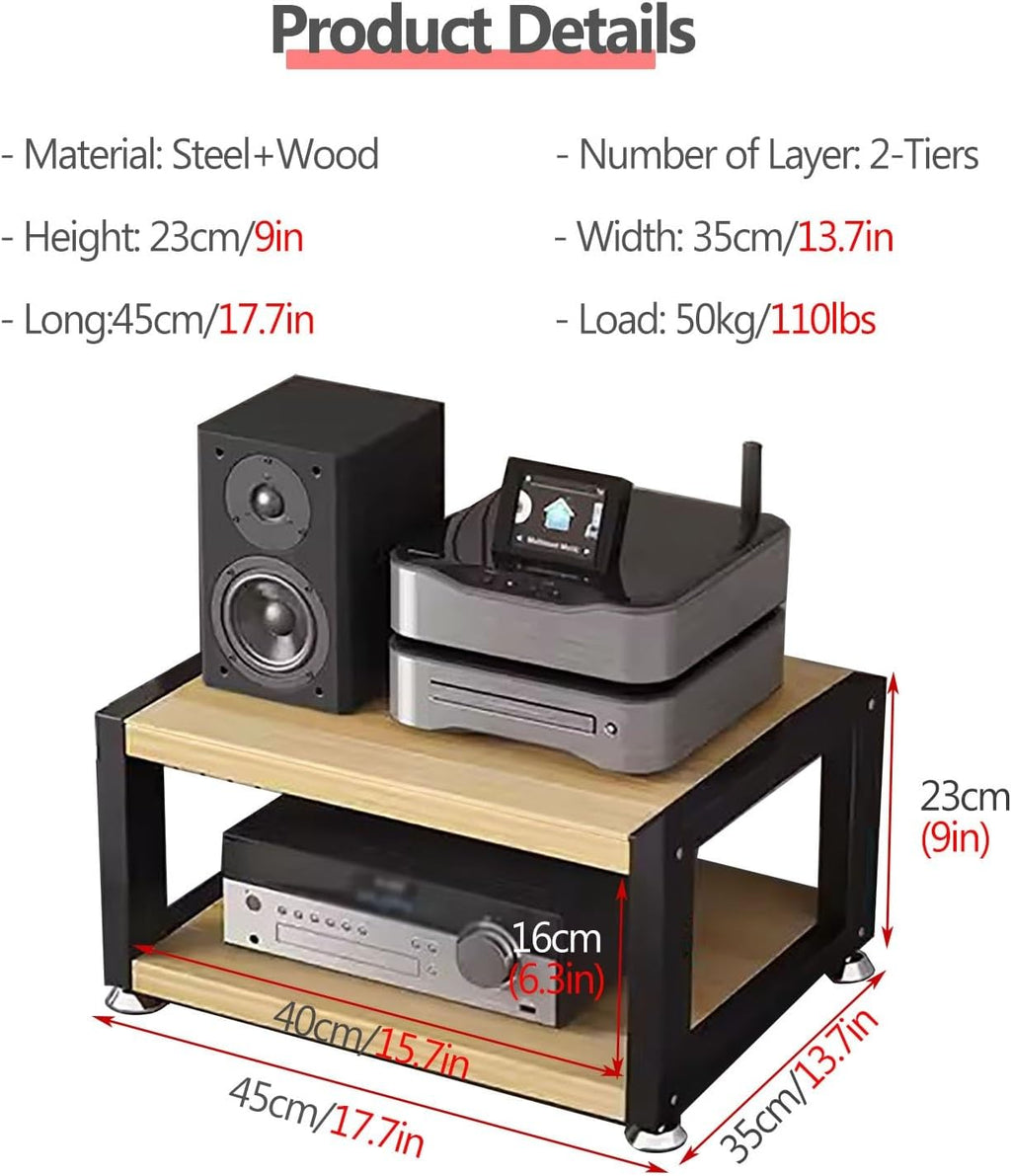 Small Media Stereo Stand Equipment Shelf - Free Standing Home & Commercial Audio Component Rack - Entertainment Stand with 25mm Thickened Plate for Soundbar, Woofer, 2-Tiers