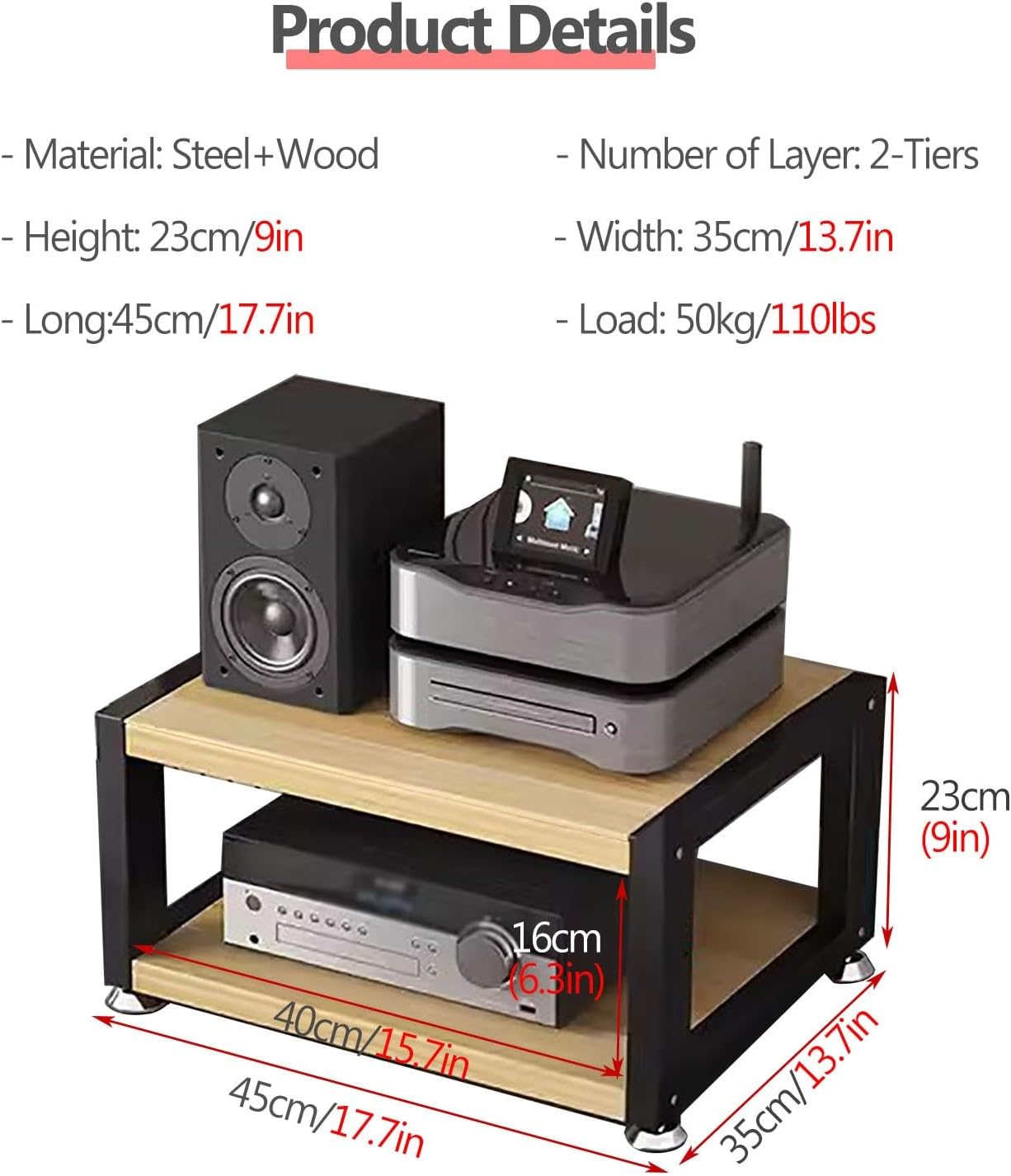 Small Media Stereo Stand Equipment Shelf - Free Standing Home & Commercial Audio Component Rack - Entertainment Stand with 25mm Thickened Plate for Soundbar, Woofer, 2-Tiers