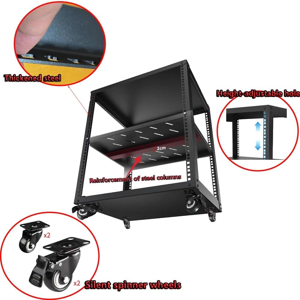 Heavy Duty Audio Rack on Wheels – Adjustable Metal Media Storage Cabinet for Home Theater & HiFi Equipment, Sturdy Console Shelf Organizer, Black, H28cm