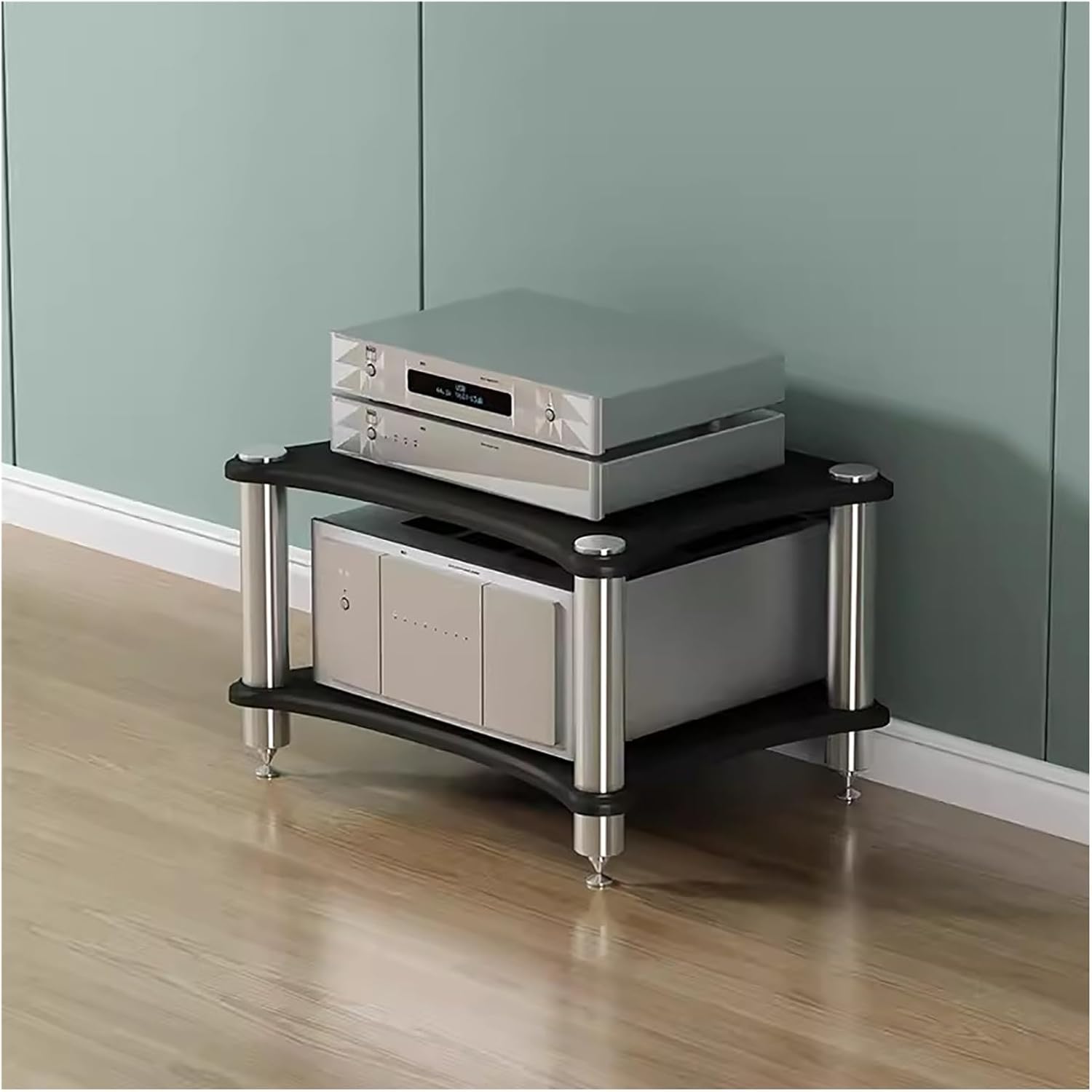 Heavy Duty HiFi Audio Rack - 2-Tier Media Tower for Living Room & Small Spaces, Modern Stereo Shelf Unit for Audio Equipment & Home Theater Setup, Black Finish