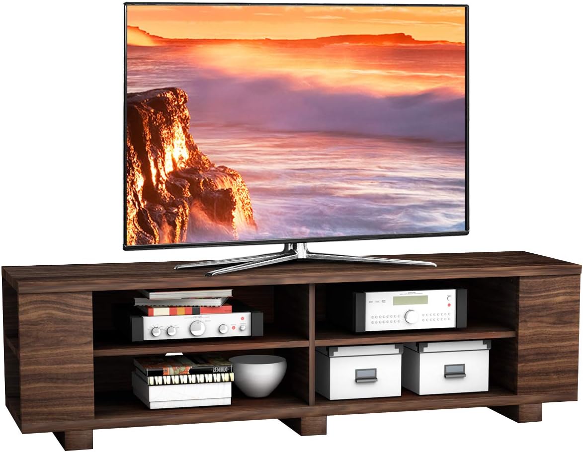 Tangkula Wood TV Stand for TVs up to 65 Inch Flat Screen, Modern Entertainment Center with 8 Open Shelves, Farmhouse TV Storage Cabinet for Living Room Bedroom, TV Console Table (Brown)