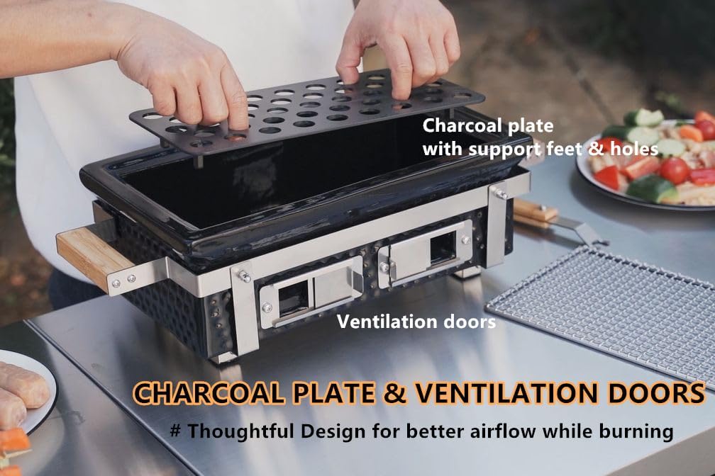 ONLYFIRE GRILLS Charcoal BBQ Hibachi Grill with Grid Lifter, Portable Yakitori Grill with Stainless Steel Grate, Barbecue Stove for Outdoor Camping Picnic Patio Backyard Cooking, GS306