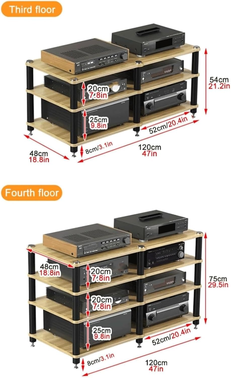 Audio Rack Multi Layer Stereo Rack Audio Equipment Rack Wooden Audio Rack Cabinet AV Cabinet Durable Audio Component Rack Media Rack(Rot,4 Tier)