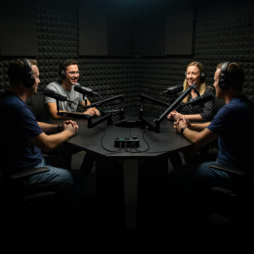 NearStream PodPro Quad Podcast Equipment Bundle for Group Podcast/Sound Creation/Livestream, Audio Setup with 4 Podcast Microphone, 2 Audio Interface, 4 Mic Boom Arm, 4 XLR Microphone Cable