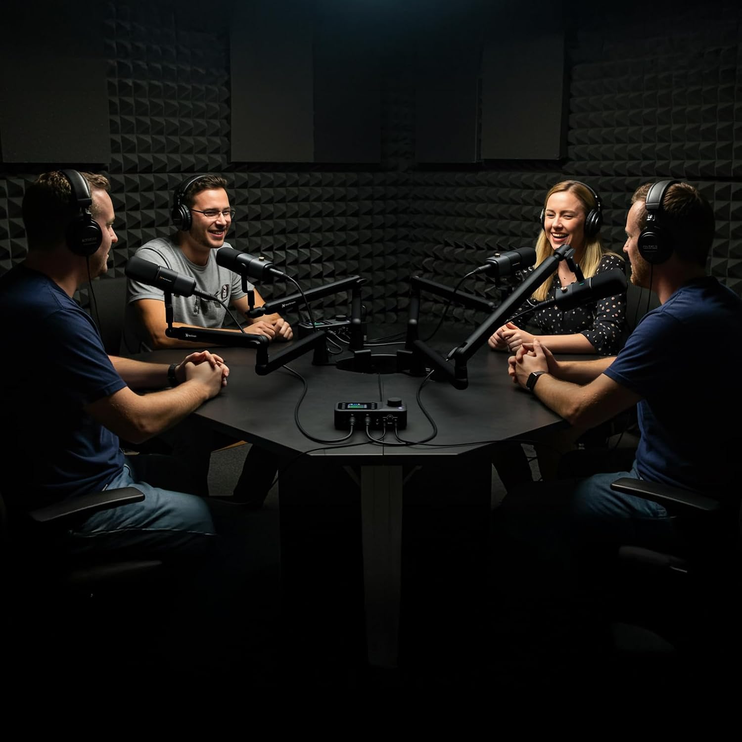 NearStream PodPro Quad Podcast Equipment Bundle for Group Podcast/Sound Creation/Livestream, Audio Setup with 4 Podcast Microphone, 2 Audio Interface, 4 Mic Boom Arm, 4 XLR Microphone Cable