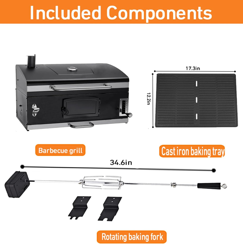 29In Built in BBQ Grills, Large Outside Charcoal Grill with BBQ Fork Kit Liftable Tray & Thermometer, Black Stainless Steel Barbecue Grill for Outdoor Kitchen Cooking Patio Camping Park Style