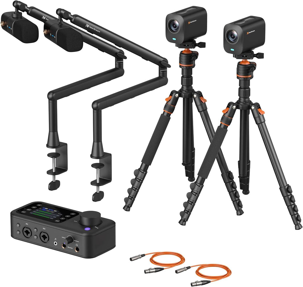NearStream PodPro Duo Podcast Equipment Bundle for 2 (2 VM20 Streaming Camera, 2 AM25X Microphone, 2 ST20 Mic Boom Arm, 1 AMIX40U Audio Mixer, 2 Camera Tripod and 2 XLR Cables)