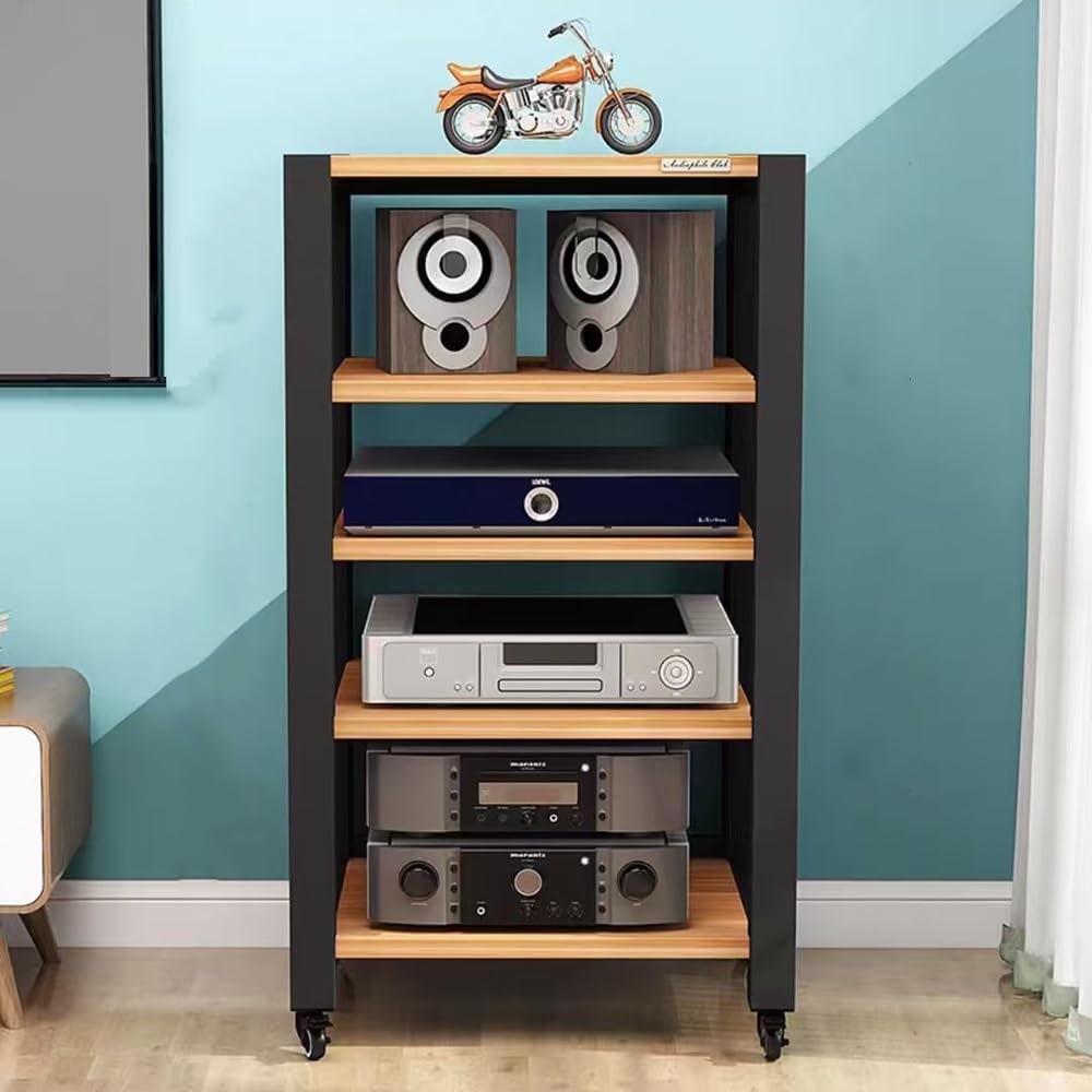 Movable HiFi Audio Rack Adjustable AV Media Components Cabine Stand with Wheels, Heavy Duty Amplifier Storage Cabinet Stereo Shelf Organizer(Teak,4-Tier)