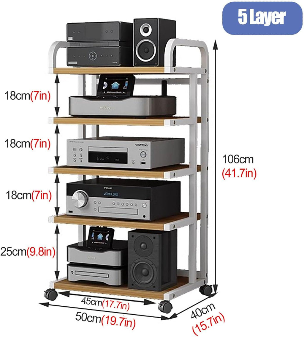 Audio Rack Av Tower Media Stand 5-Tier Electronics Equipment Shelf, Heavy Duty 106cm Tall Mobile Stereo Racks Cart on Wheels, Floor-Standing Commercial Home Media Stand, Black