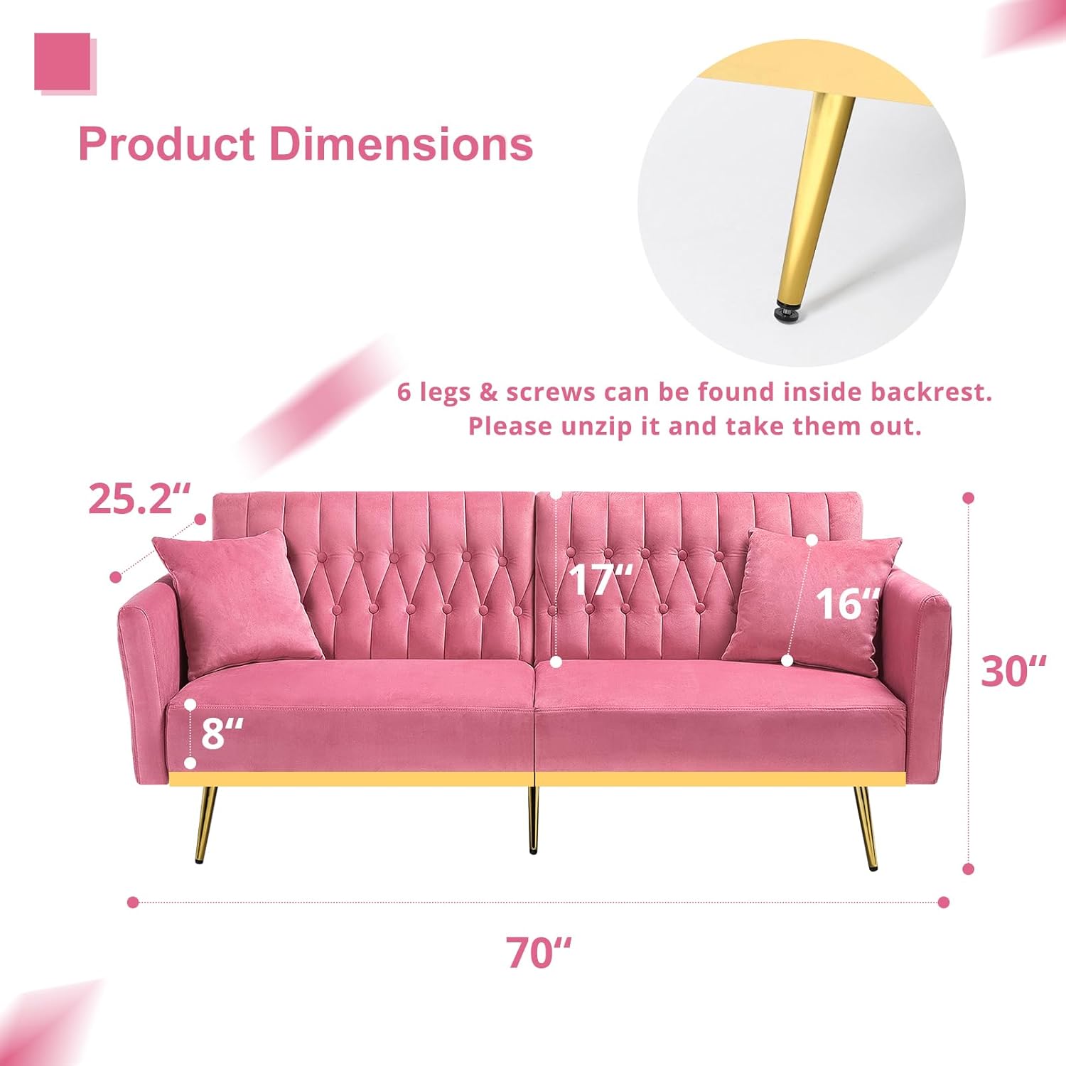 70' Velvet Futon Sofa Bed with 2 Pillows and Adjustable Armrests, Convertible Sleeper Bed, Modern Loveseat for Living Room, Bedroom, Pink