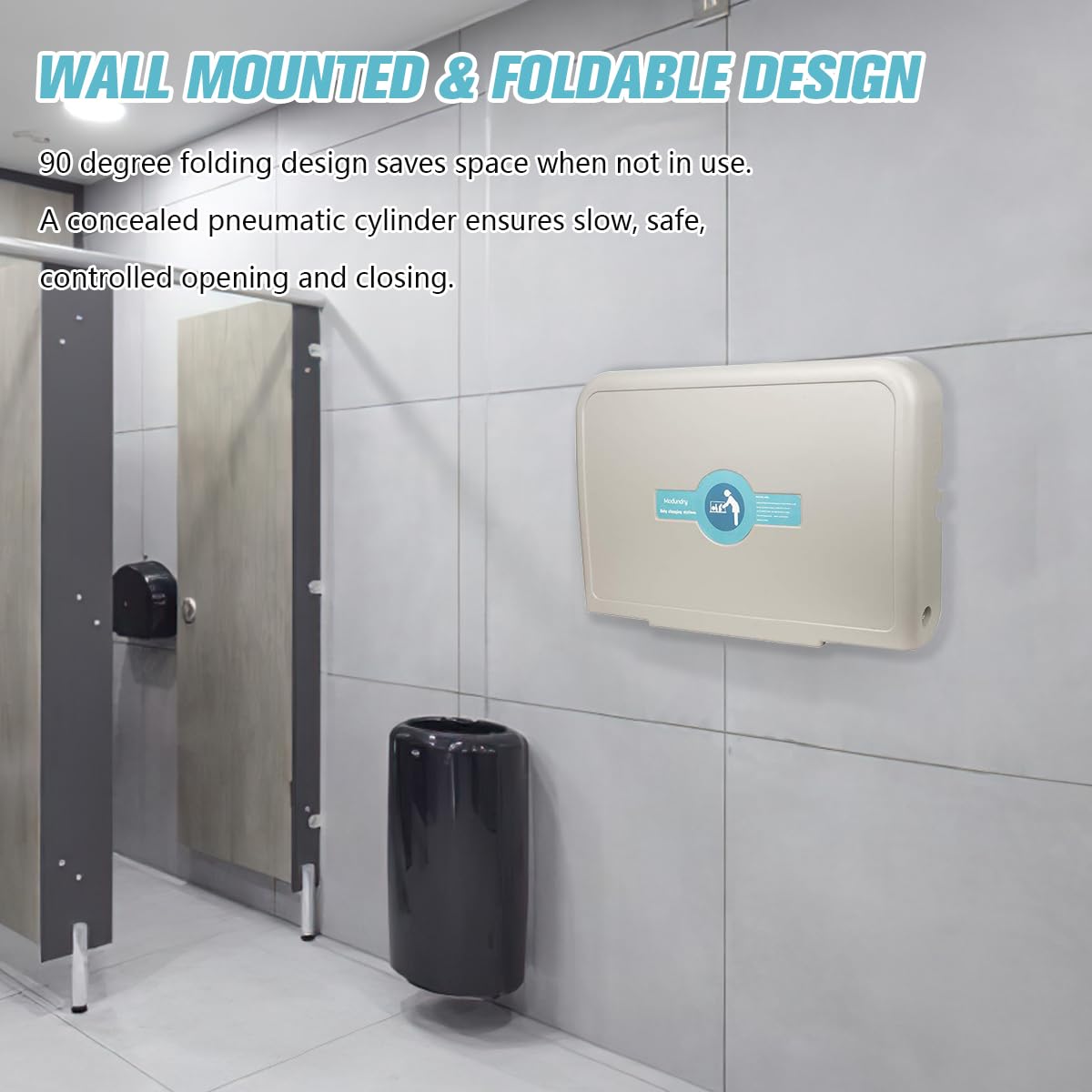 Wall Mounted Baby Changing Station, Horizontal Fold-Down Diaper Changing Table with Safety Strap, HDPE Surface, Dual Bag Hooks & Built-in Liner Dispensers for Commercial Restrooms (White Granite)
