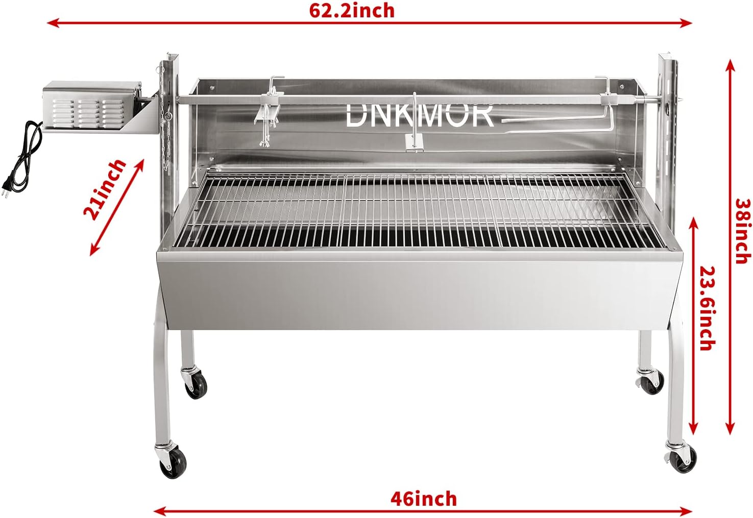 Rotisserie Grill Stainless Steel Charcoal Spit Roaster, 50' Pig Lamb Hooded Roaster Charcoal Spit with 30W Motor & Adjustable Height Lockable Casters for Outdoor Camping Party, Rated 150 LB