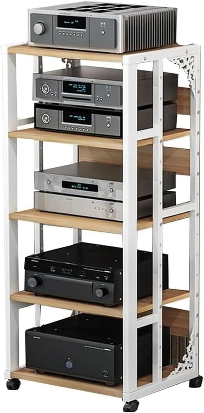 AV Receiver DVD Player Stand, Movable Adjustable Height Stereo Unit Components Rack, Easy to Assembly, Game Console/TV Box/Cable Box Shelf, Media Audio Equipment Cabinet, Bookshelf(White,5Ti