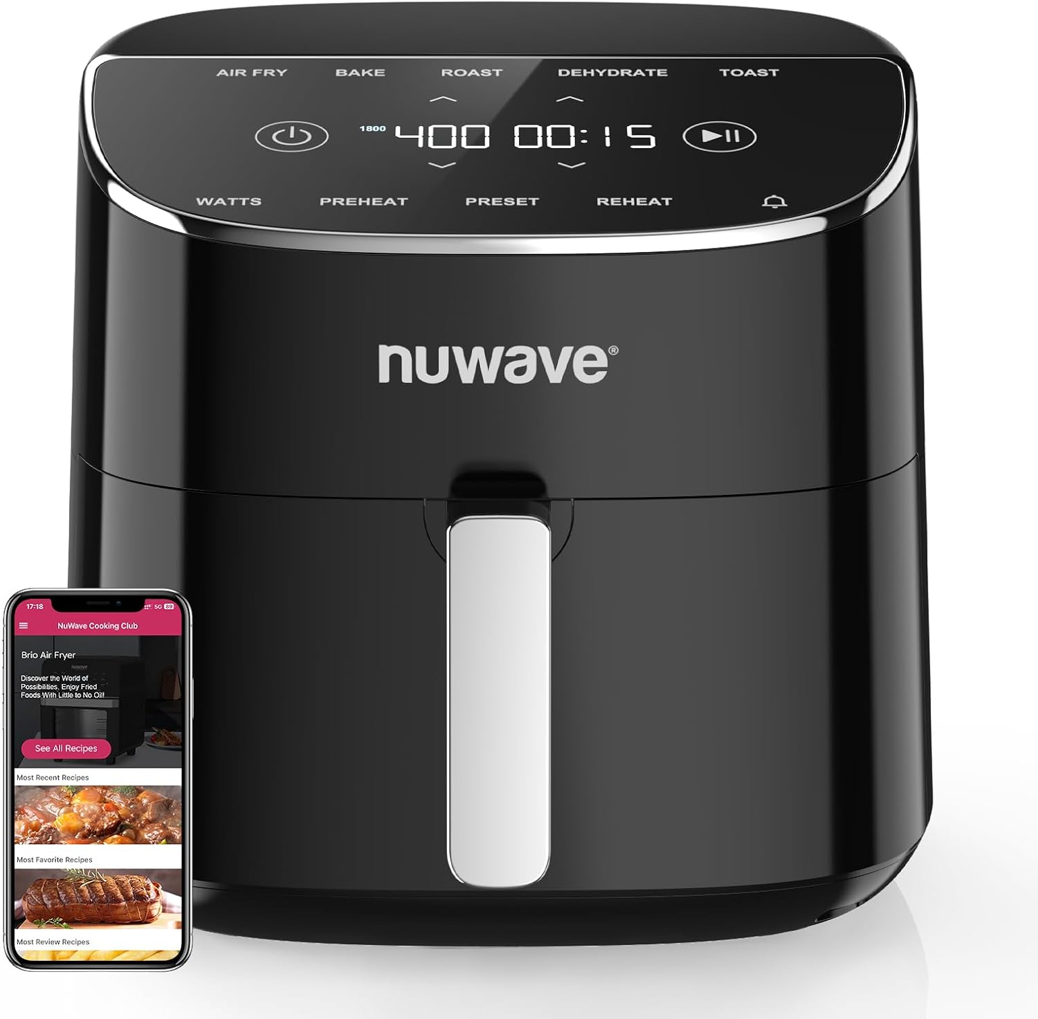 Nuwave Brio Plus Air Fryer 8 Qt, New & Improved, PFAS-FREE, 7 Digital One-Touch Cook Functions that AIR FRY, BAKE, ROAST, DEHYDRATE, TOAST, REHEAT, PREHEAT, 150 Presets, 50°F~400°F (Black)