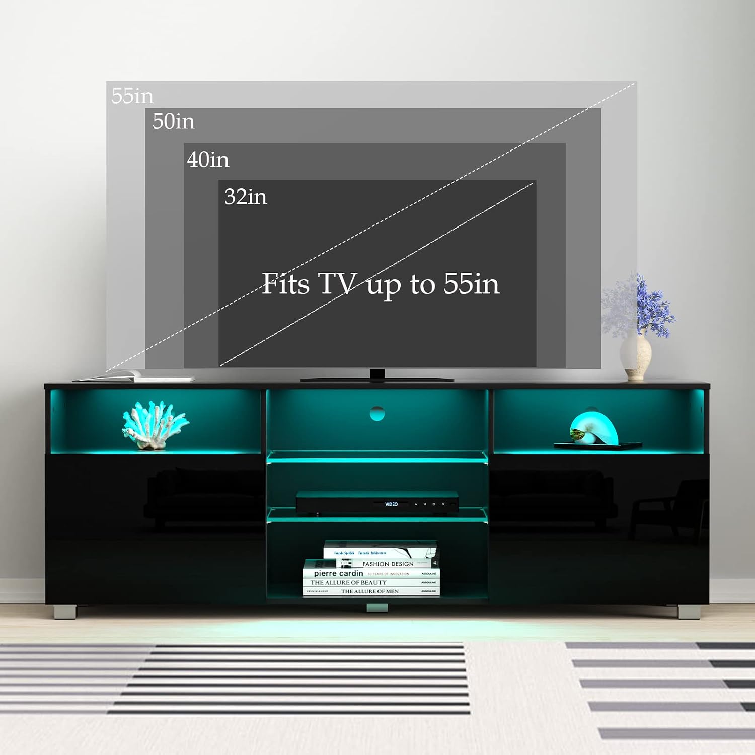 High Glossy LED Black TV Stand for 55/60/65 inch TV,Modern LED Entertainment Center with Adjustable Storage Shelves,Game Console Entertainment Center,TV Table Media Furniture (47inch, Black)