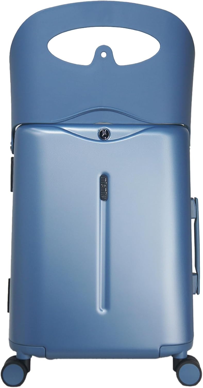 MiaMily Kids Ride-On Carry-On Suitcase with Foldable Seat, Safety Belt, TSA Lock, 4 Double Spinner Wheels, Hard Shell Cabin Luggage, 43L, Slate Blue