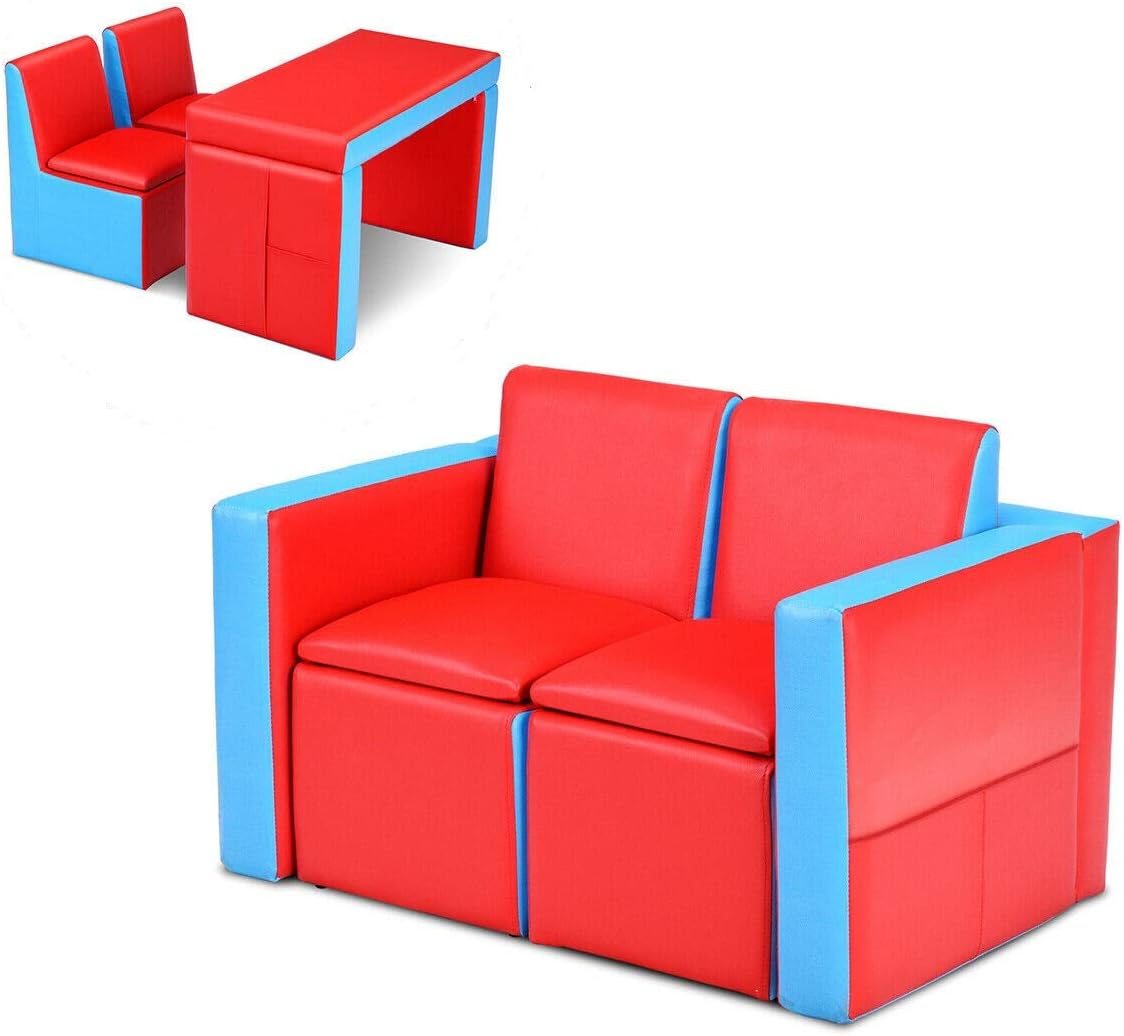 Costzon Kids Couch, 2 in 1 Double Seat Children's Sofa Convert to Table and Two Chairs for School, Storage Space, PVC Surface, Large Soft Kids Preschool Sofa Couch for Boys Girls Gifts (Red)
